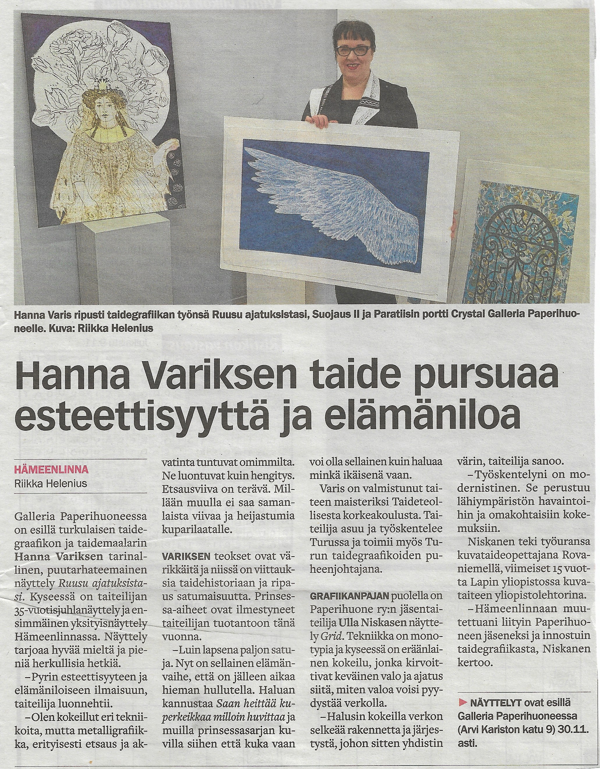 Hanna Variksen näyttelystä juttu HML kaupunkiuutisissa