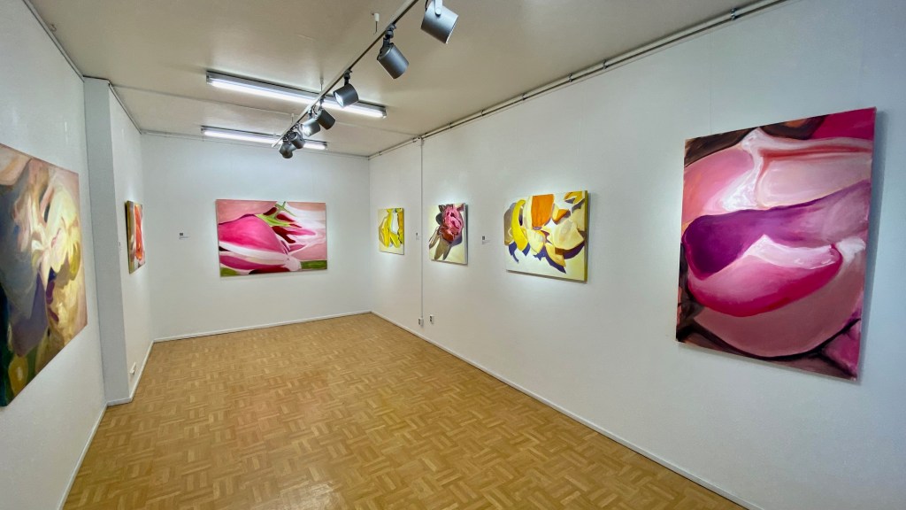 Abstraktia taidetta, tauluja seinällä